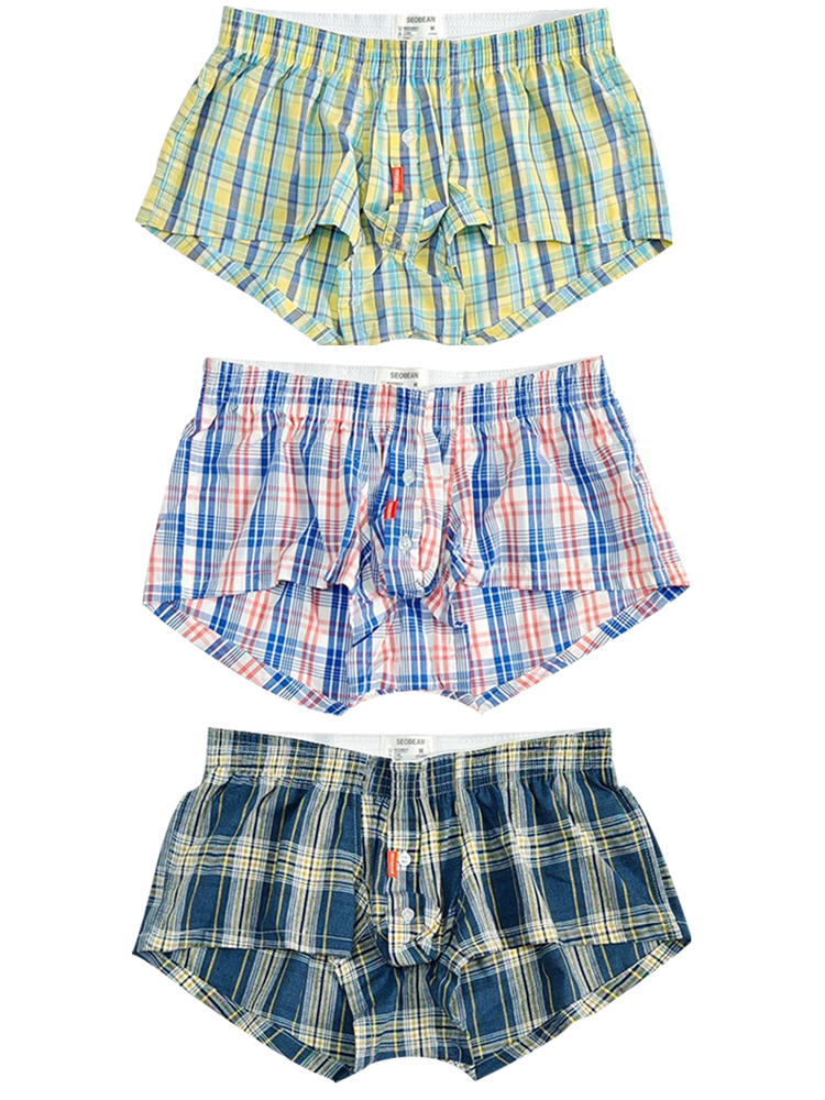 3 Pack Men’s Plaid Cotton Trunks with Button Fly