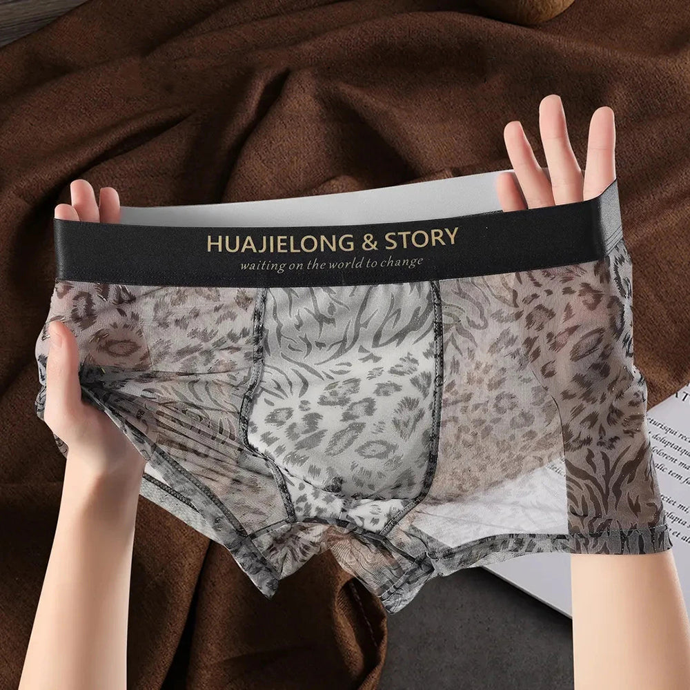 Gold-painted leopard print transparent breathable boxer briefs