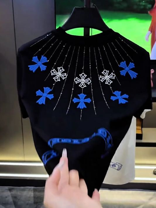 Men's Radiant Cross Rhinestone Embroidery T-Shirt