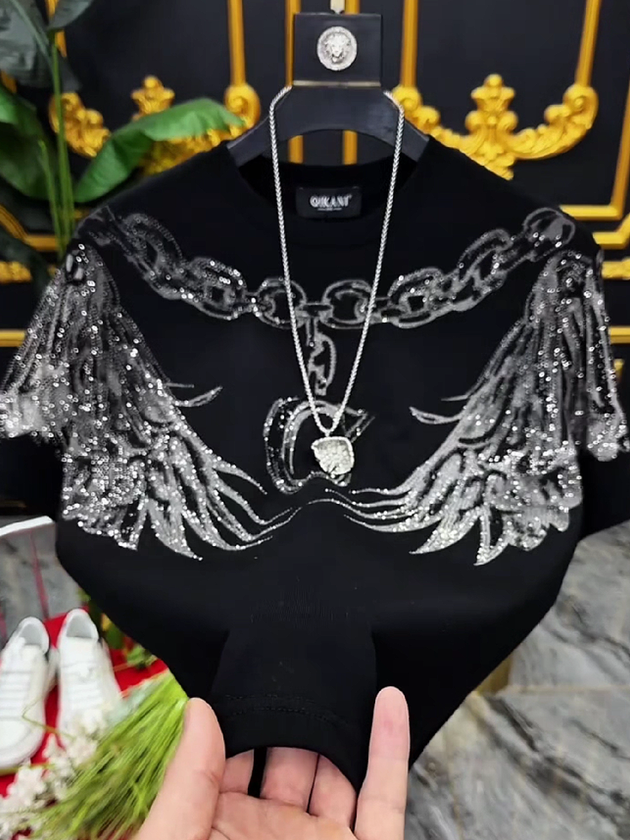 Men's Rhinestone Wings Chain Graphic Crew Neck T-Shirt
