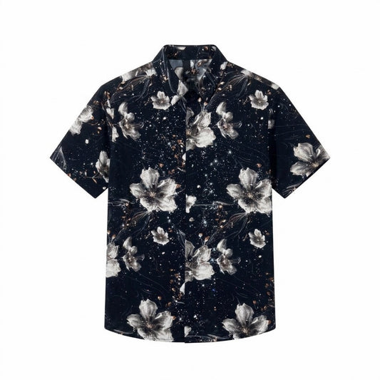 Black Full Print Lotus Short Sleeve T-Shirt