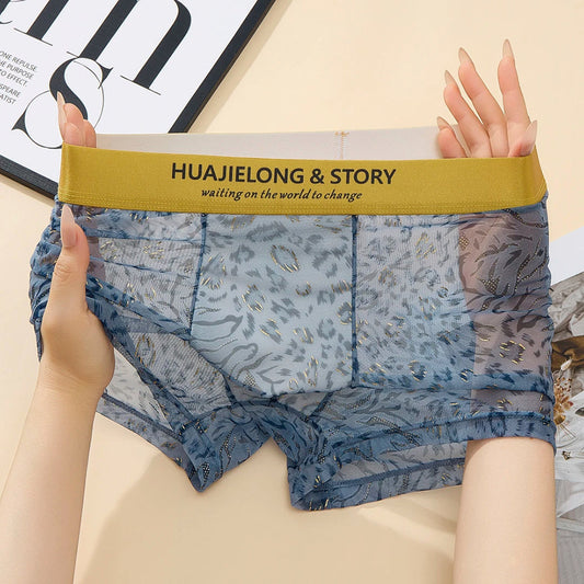 Gold-painted leopard print transparent breathable boxer briefs