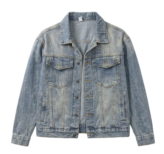 Midasgaze Crystal-Embellished Cross Denim Jacket