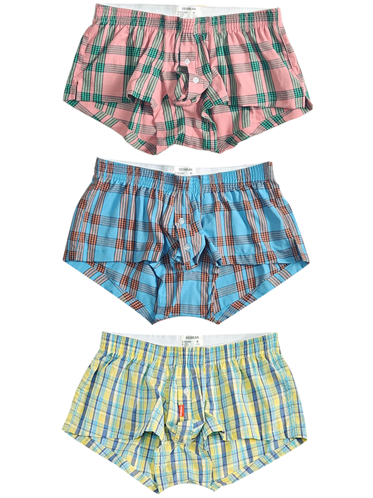 3 Pack Men’s Plaid Cotton Trunks with Button Fly