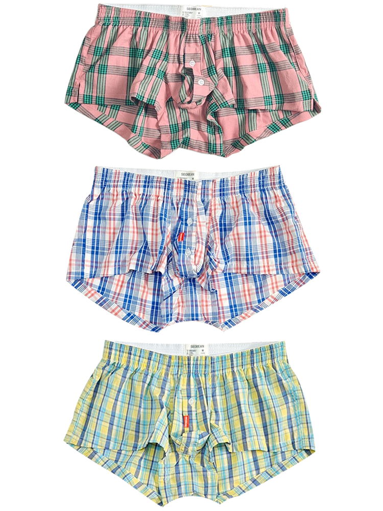 3 Pack Men’s Plaid Cotton Trunks with Button Fly