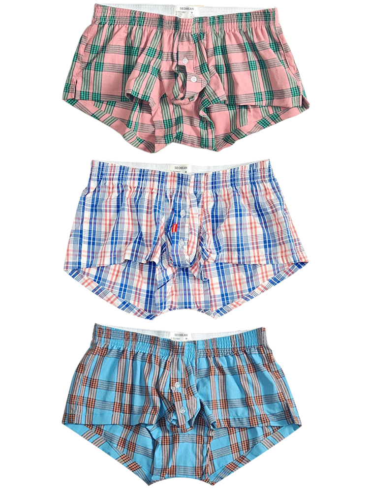 3 Pack Men’s Plaid Cotton Trunks with Button Fly