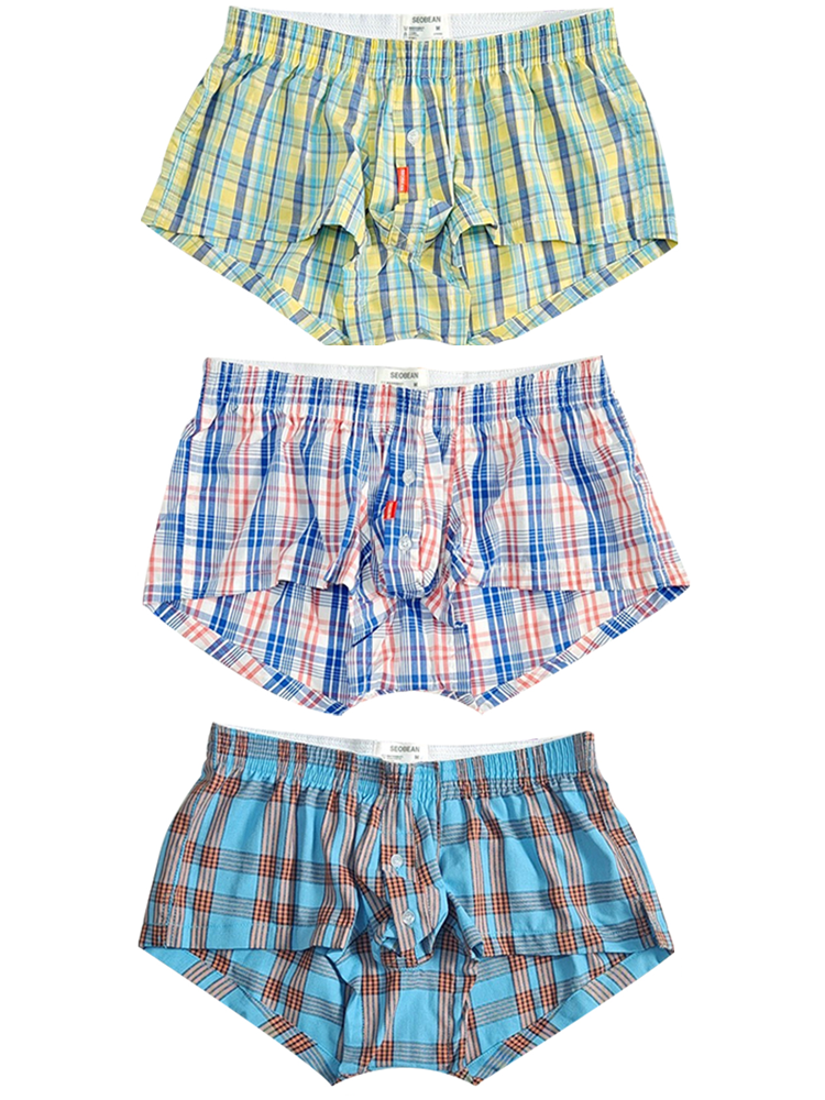 3 Pack Men’s Plaid Cotton Trunks with Button Fly