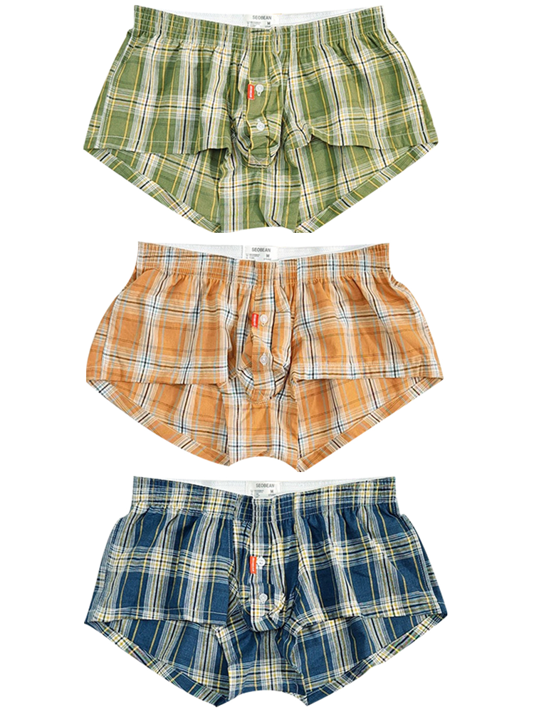 3 Pack Men’s Plaid Cotton Trunks with Button Fly